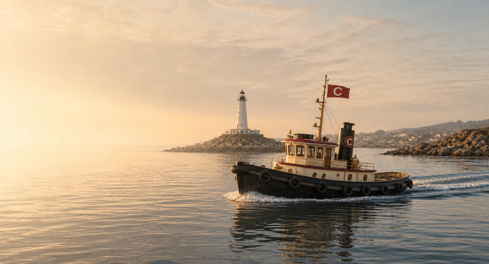 Cornerstone-branded tugboat crossing calm harbor water near a lighthouse