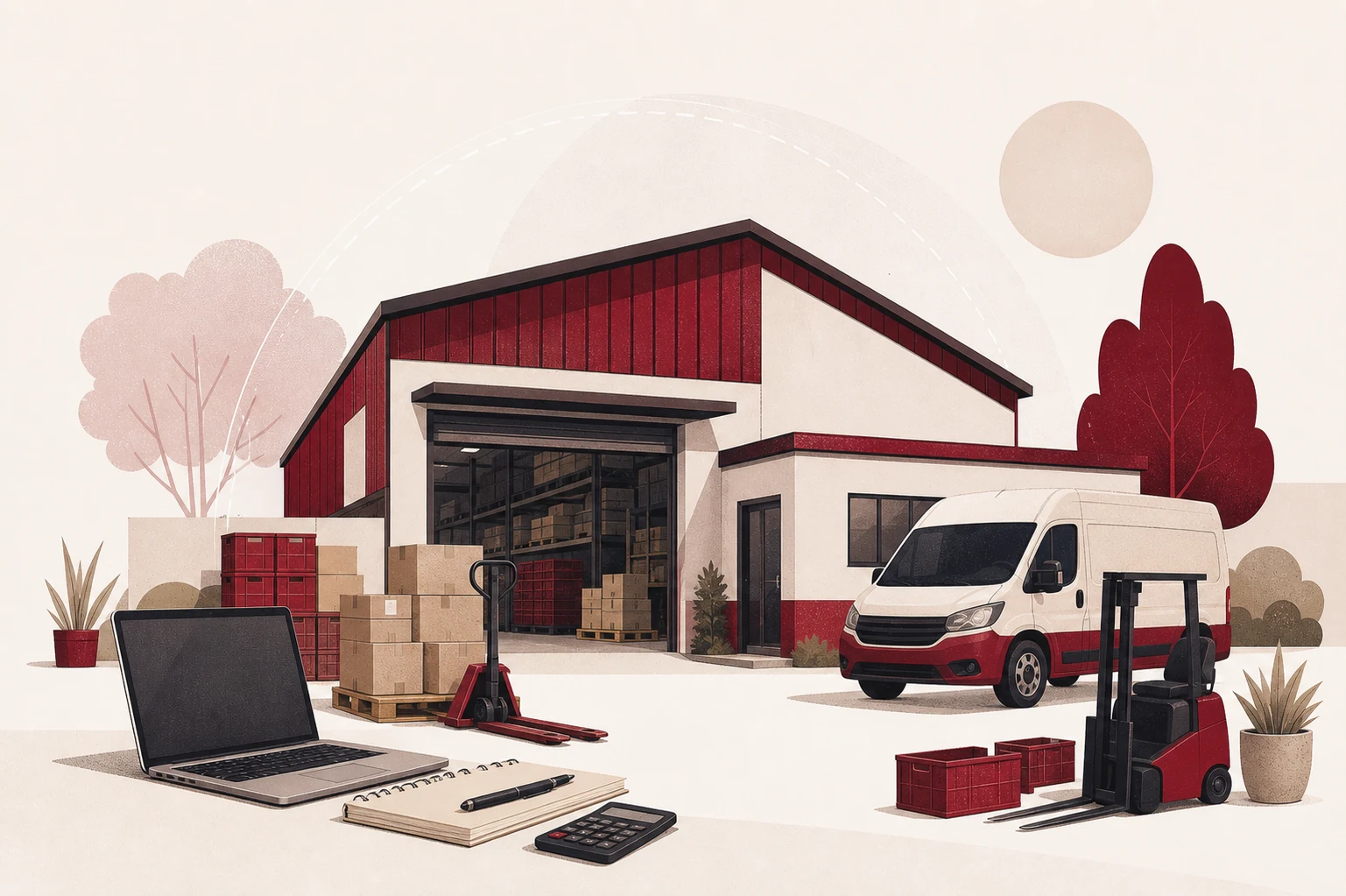 An illustrated workshop, delivery van, stock and machinery