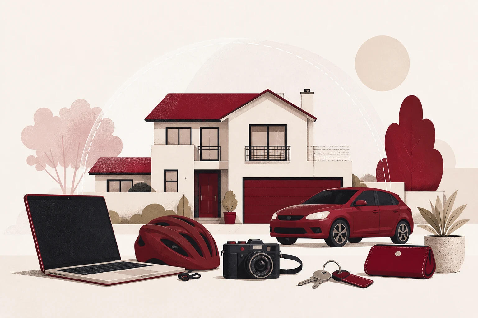 An illustrated home, car and everyday possessions