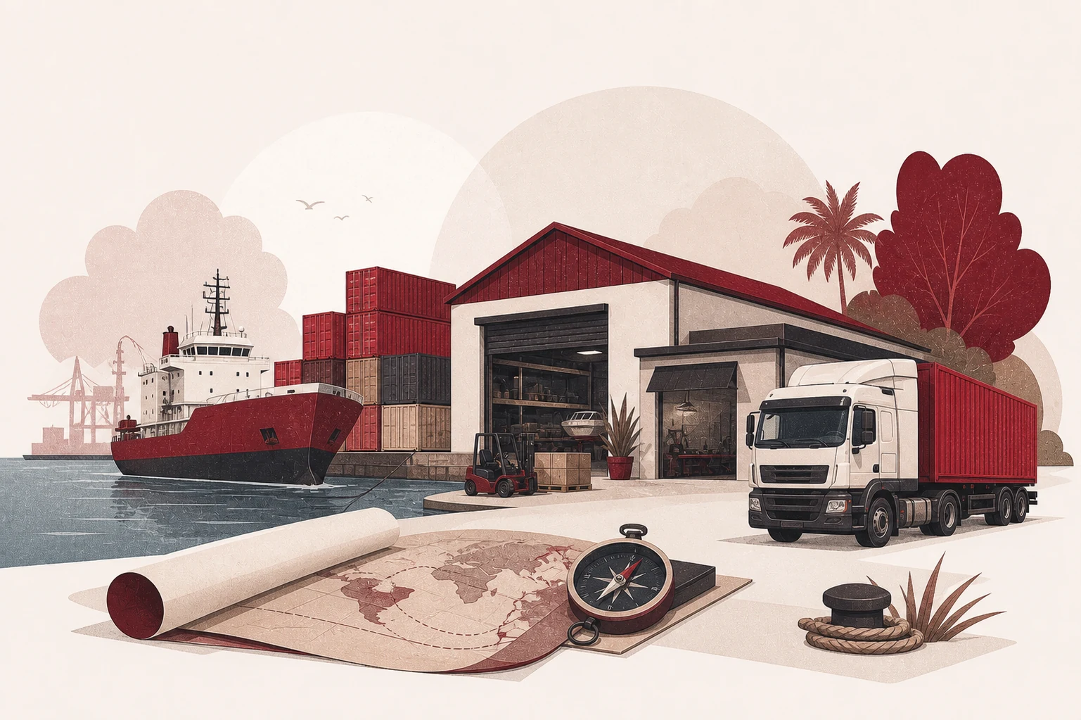 An illustrated cargo ship, truck, containers and compass